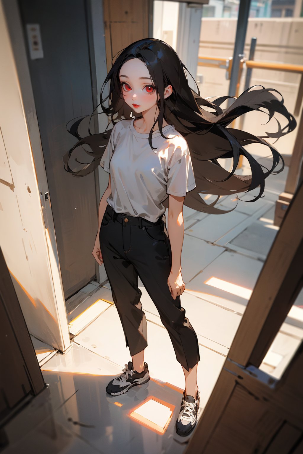 masterpiece, best quality, 1girl, solo, mature female, black hair, long hair, straight hair, forehead, brown eyes, shirt, short sleeve, pants, shoes, standing, outside, [fisheye lens:: 3], girl