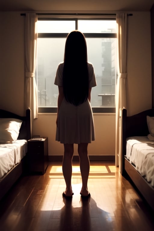 girl, brown hair, long hair, standing, bedroom, cinematic lighting