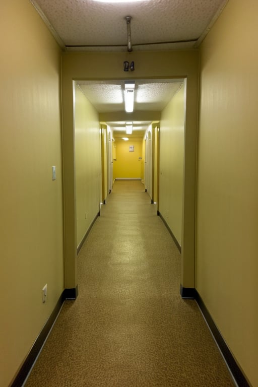 photo of the hallway AND basement, yellow walllpaper, fluorescent light, creepy