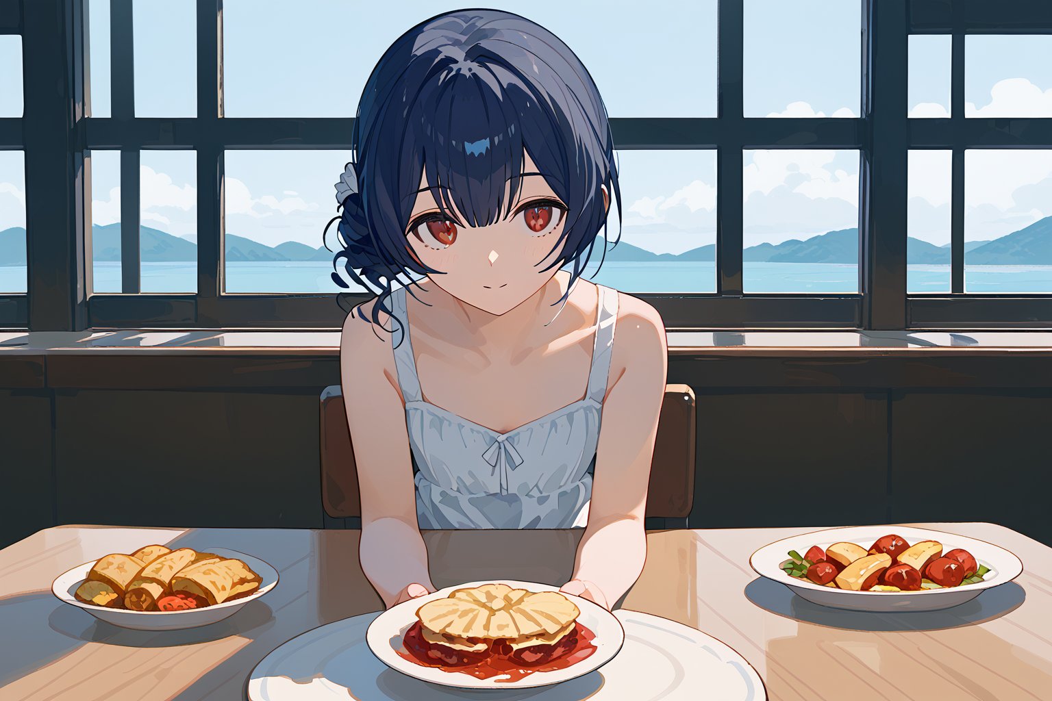 (score_9,score_8_up,score_7_up), 1girl, morino rinze, dark blue hair, single hair bun, red eyes, white dress, sundress,sitting,across table,across table pov,date,date pov,food on table, restaurant, indoor