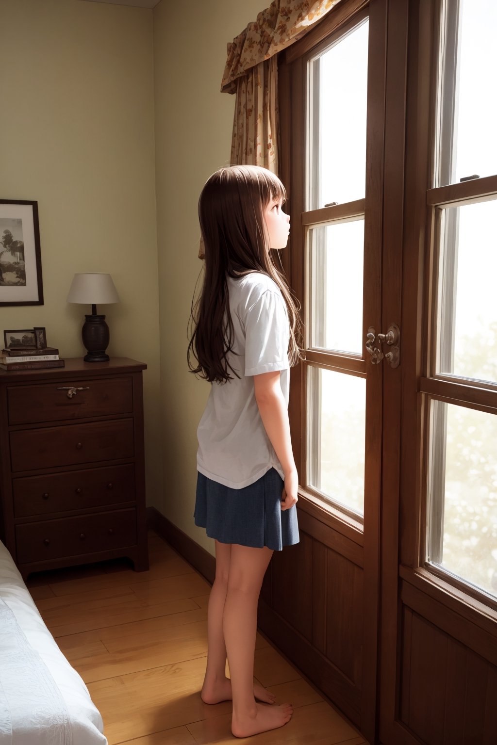 girl, brown hair, long hair, standing, bedroom