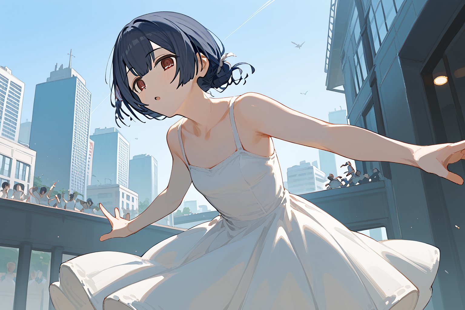 (score_9,score_8_up,score_7_up), 1girl, morino rinze, dark blue hair, single hair bun, red eyes, white dress, sundress, dancing, dynamic pose, outside, city, building, from below