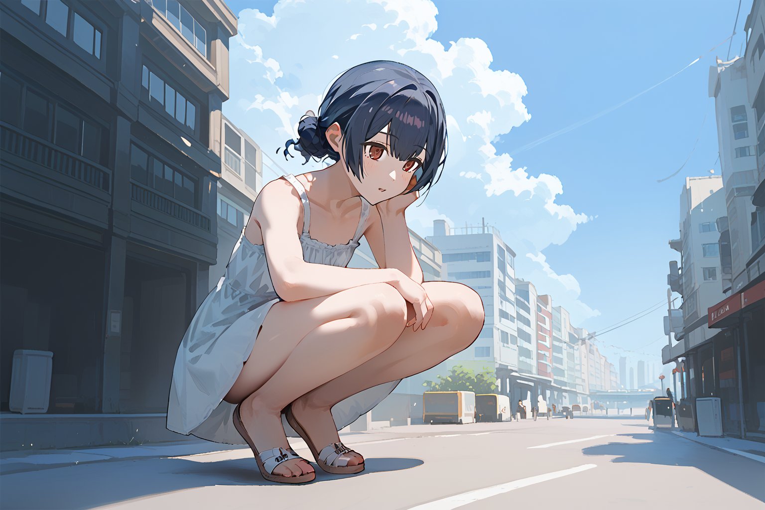 (score_9,score_8_up,score_7_up), 1girl, morino rinze, dark blue hair, single hair bun, red eyes, white dress, sundress, crouching, outside, city, from below