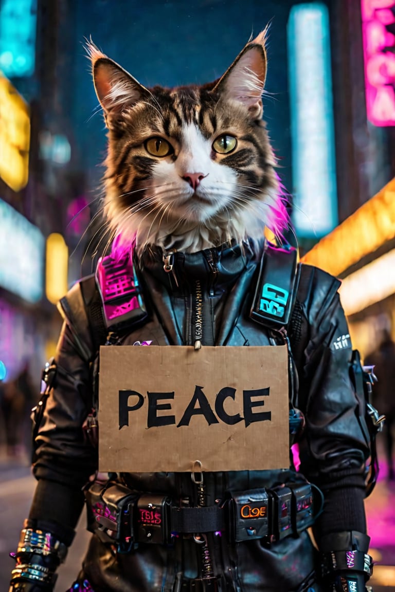 (cat), (cyberpunk outfit:1.2), protest, holding a sign with the text "peace", ((close up:1.1)), high quality photography, 3 point lighting, flash with softbox, 4k, Canon EOS R3, hdr, smooth, sharp focus, high resolution, award winning photo, 80mm, f2.8, bokeh
