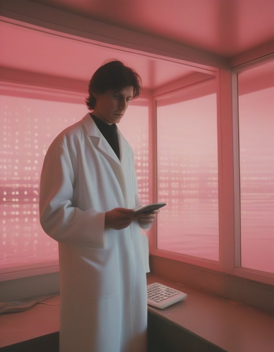 photograph, A tall, elegant figure of geometric shapes, complete with rounded faces and glowing eyes, steps out of the frame. The man wears a white lab coat and holds up a small calculator as his gaze gazes out at the vast expanse of Fierce Pond. He closes his window and begins to write intricate patterns, creating an otherworldly atmosphere that seems almost too melancholic to be real. Sharp and in focus, stylized by Chantal Akerman, experimental, feminist, introspective, (key visual, cinematic pink Color grading)
