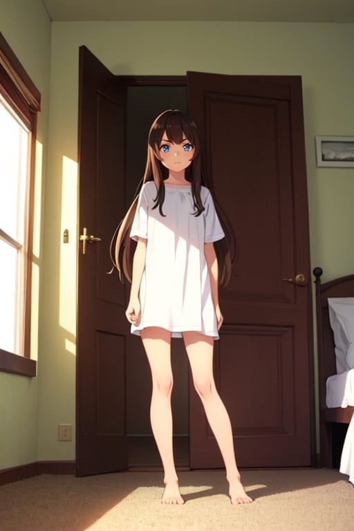 girl, brown hair, long hair, standing, bedroom,score_9