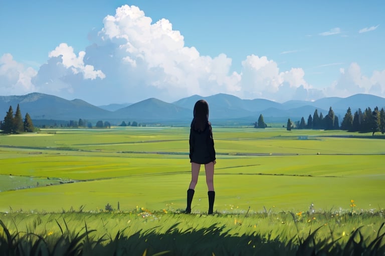 1girl, standing, grass plain