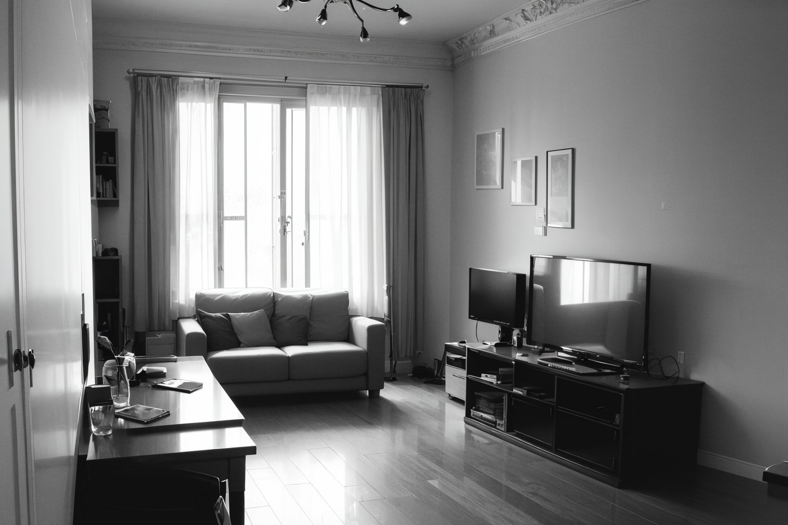 (masterpiece), best quality, living room, medium shot, monochrome, lineart