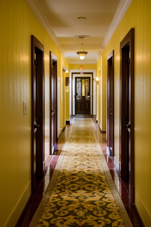 cinematic photo of hotel hallway, yellow wallpaper