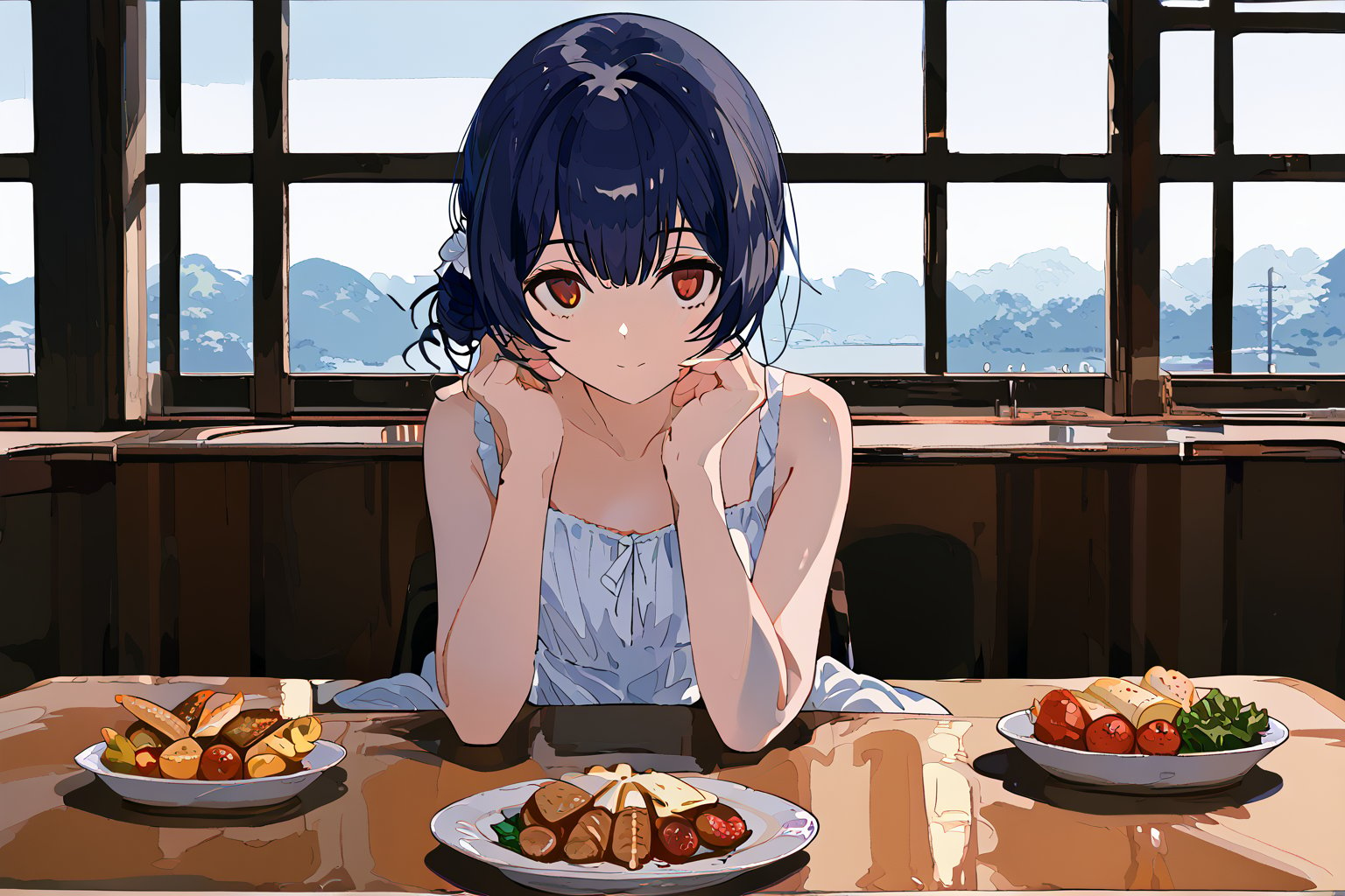 (score_9,score_8_up,score_7_up), 1girl, morino rinze, dark blue hair, single hair bun, red eyes, white dress, sundress,sitting,across table,across table pov,date,date pov,food on table, restaurant, indoor