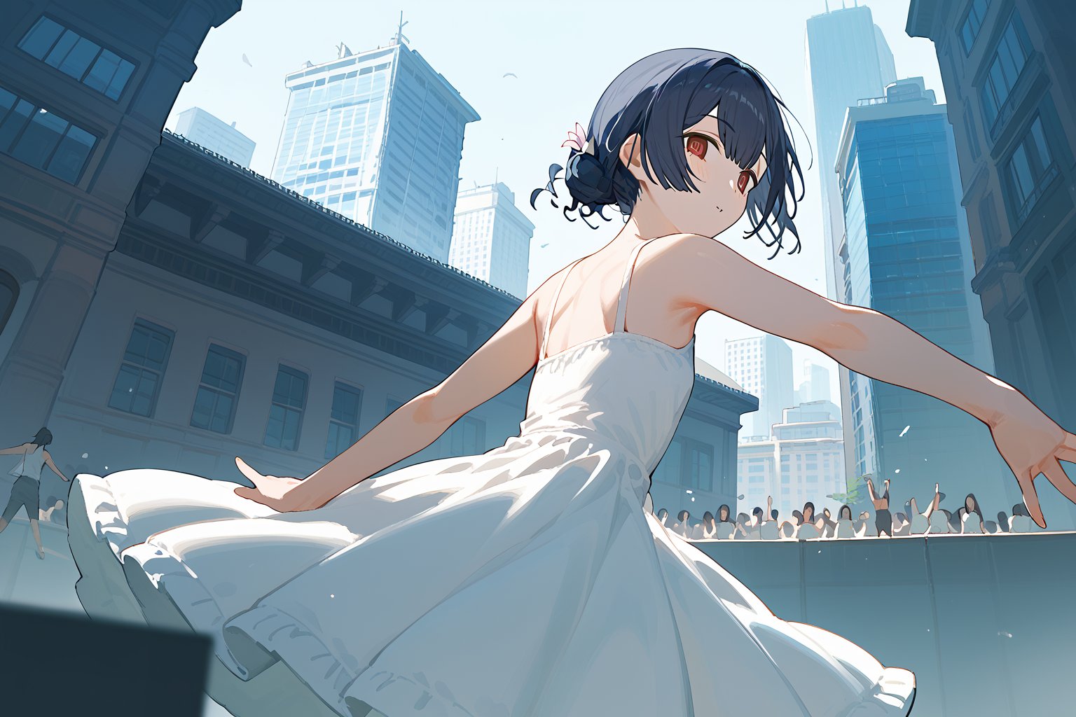 (score_9,score_8_up,score_7_up), anime, 1girl, morino rinze, dark blue hair, single hair bun, red eyes, white dress, sundress, dancing, dynamic pose, outside, city, building, from below