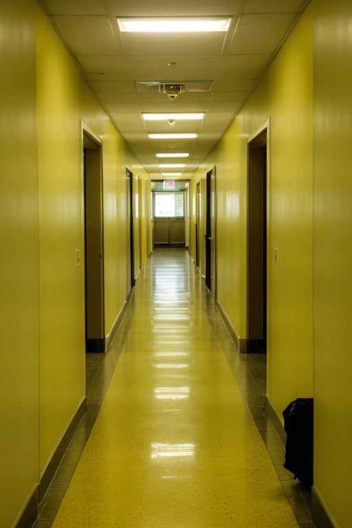 photo of a liminal hallway, yellow walllpaper, fluorescent lights, level 0, creepy
