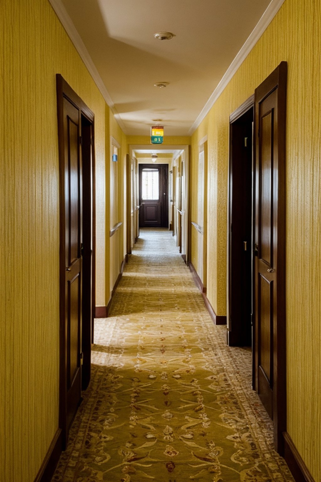 cinematic photo of hotel hallway, yellow wallpaper, Extremely Realistic