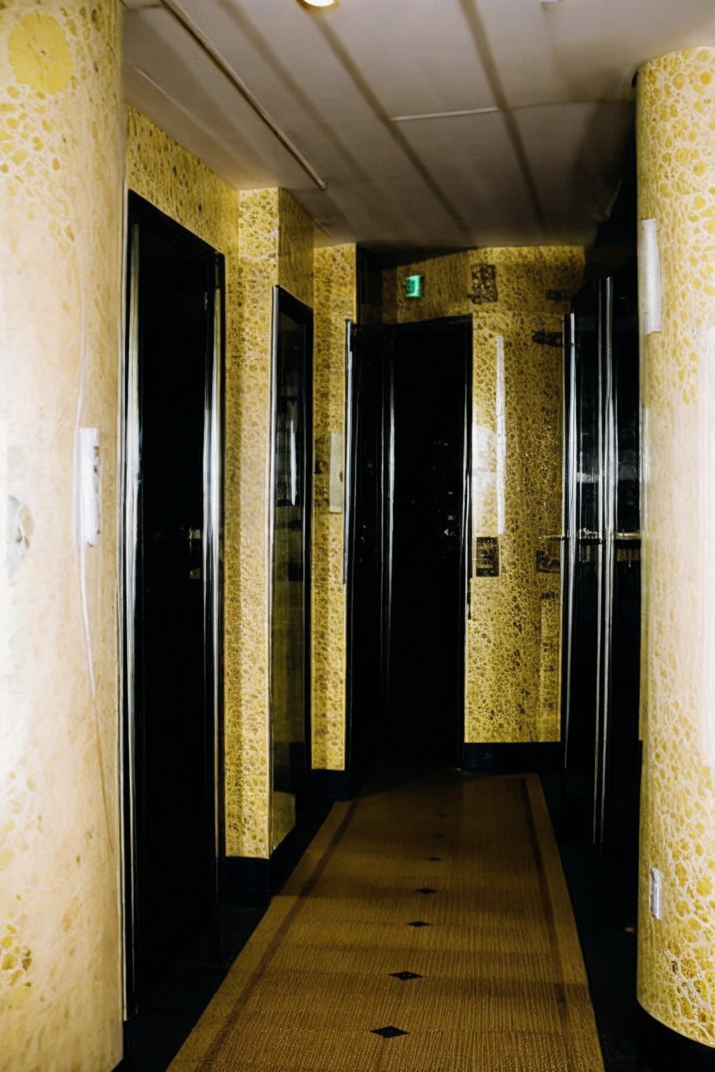 hotel hallway, yellow wallpaper, flash