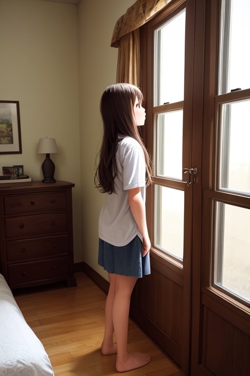 girl, brown hair, long hair, standing, bedroom