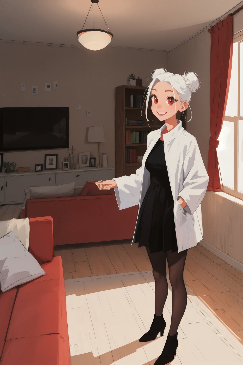 1girl, mature woman, white hair, double bun, forehead, red eyes, smile, standing, living room, indoor, [fisheye lens:: 1], from front, [2D: 11], [flat colors: 17], masterpiece, best quality, absurdres, very aesthetic, newest, General,SAM YANG