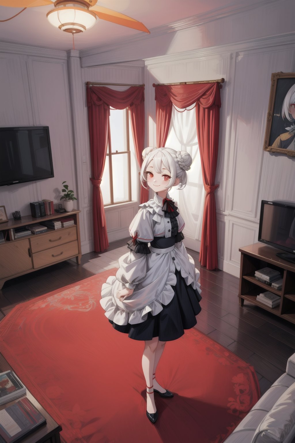 1girl, mature woman, white hair, double bun, forehead, red eyes, smile, standing, living room, indoor, [fisheye lens:: 1], from front, [2D: 11], [flat colors: 17], masterpiece, best quality, absurdres, very aesthetic, newest, General,RinzeMorino