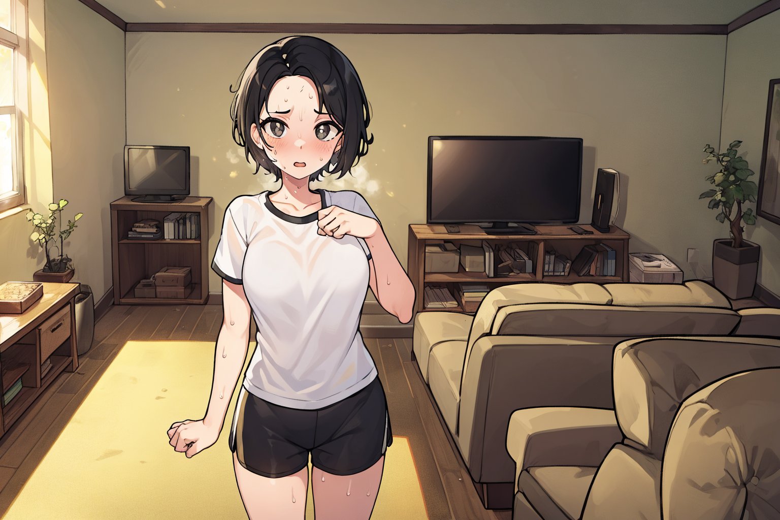 (masterpiece), best quality, 1girl, solo, black hair, short hair, forehead, shirt, short sleeve, sweat shorts, standing, living room, wide shot