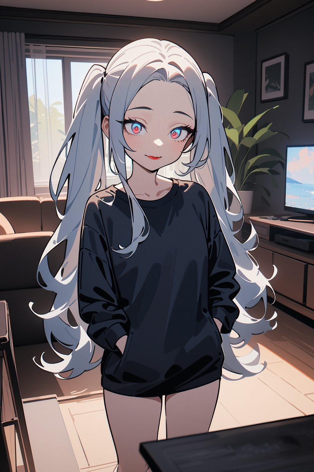 1girl, long hair, white eyes, smile, twintails, forehead, standing, living room, indoor, [fisheye lens:: 1], from front, [2D: 15], [flat colors: 7], masterpiece, best quality, absurdres, very aesthetic, newest, General