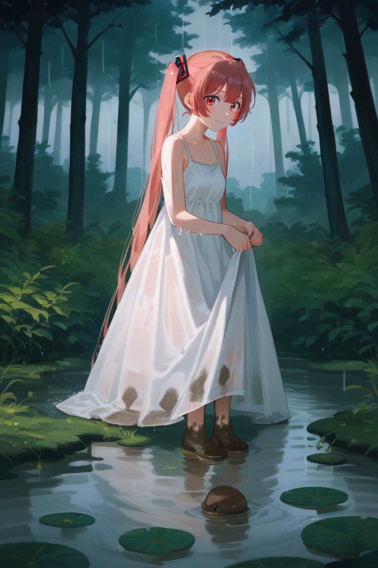 (score_9,score_8_up,score_7_up), wlop, 1girl, hatsune miku, white dress, sundress, skirt hold bowing, outdoor, tress, river, forest, rainy, wet, mud