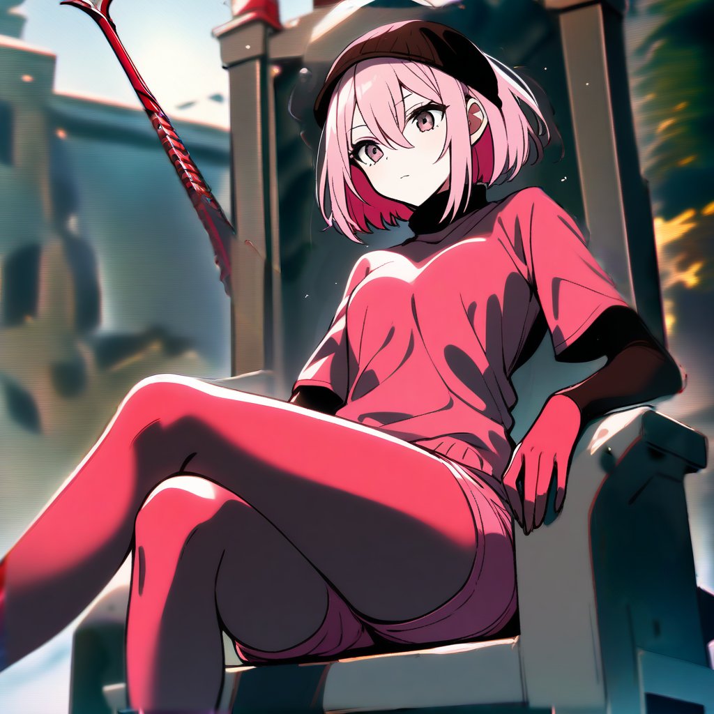 1girl, souryuu asuka langley, neon genesis evangelion, rebuild of evangelion, lance of longinus, cat hat, plugsuit, pilot suit, red bodysuit, sitting, crossed legs, black eye patch, throne, looking down, from bottom, looking at viewer, outdoors, masterpiece, best quality, very aesthetic, absurdres
