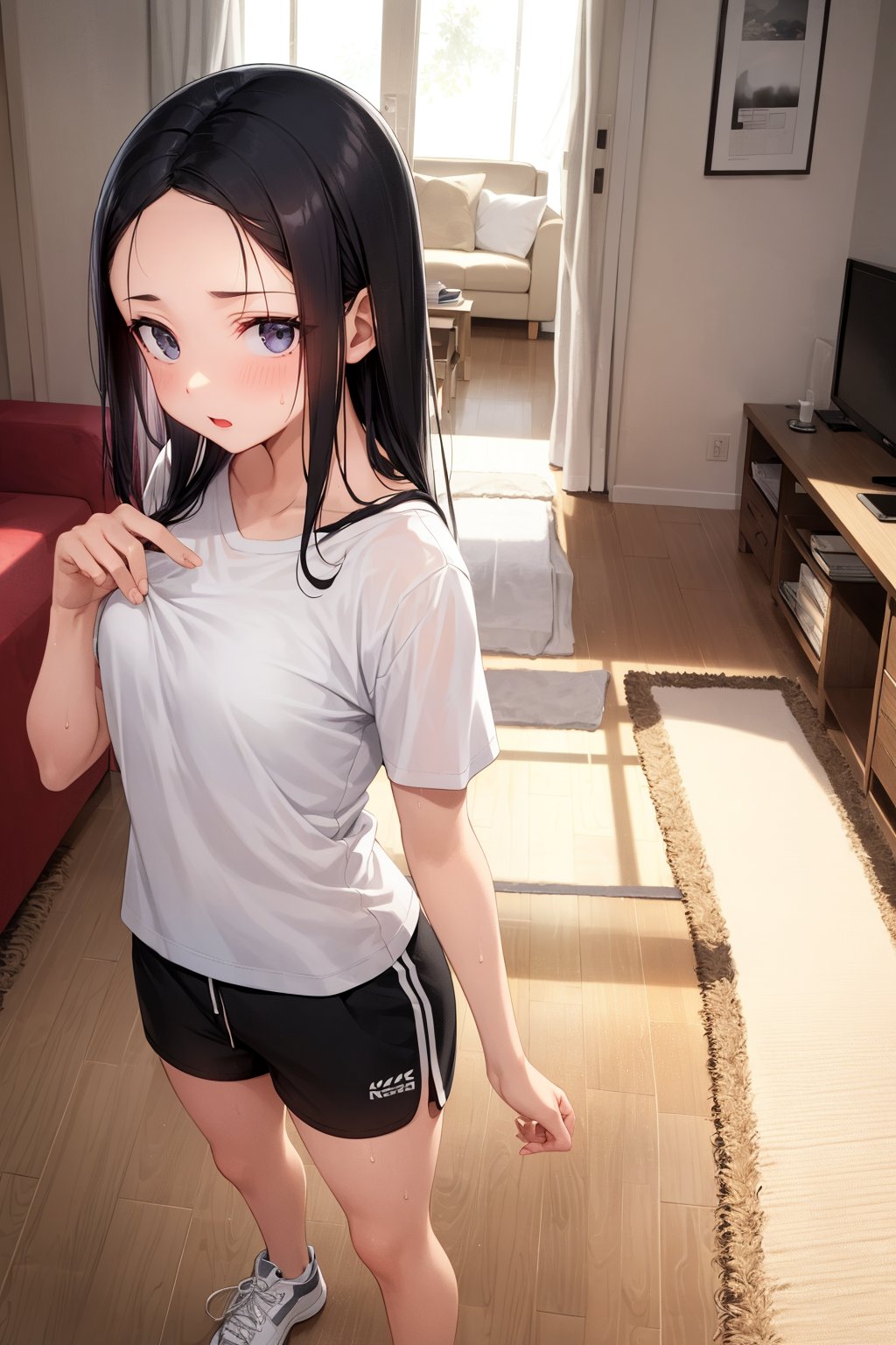 (masterpiece), best quality, 1girl, black hair, long hair, forehead, shirt, short sleeve, sweat shorts, standing, living room