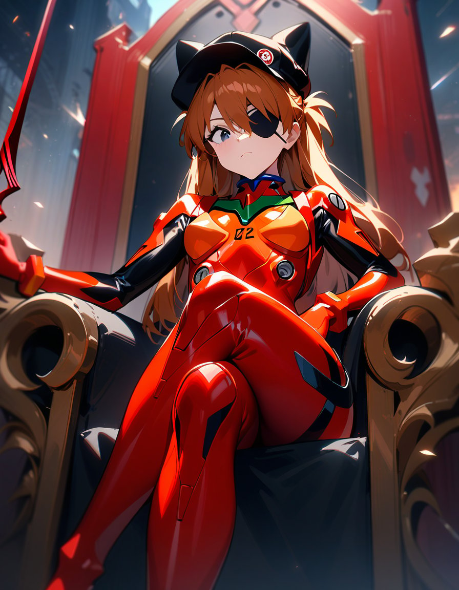 1girl, souryuu asuka langley, neon genesis evangelion, rebuild of evangelion, lance of longinus, cat hat, plugsuit, pilot suit, red bodysuit, sitting, crossed legs, black eye patch, throne, looking down, from bottom, looking at viewer, outdoors, masterpiece, best quality, very aesthetic, absurdres
