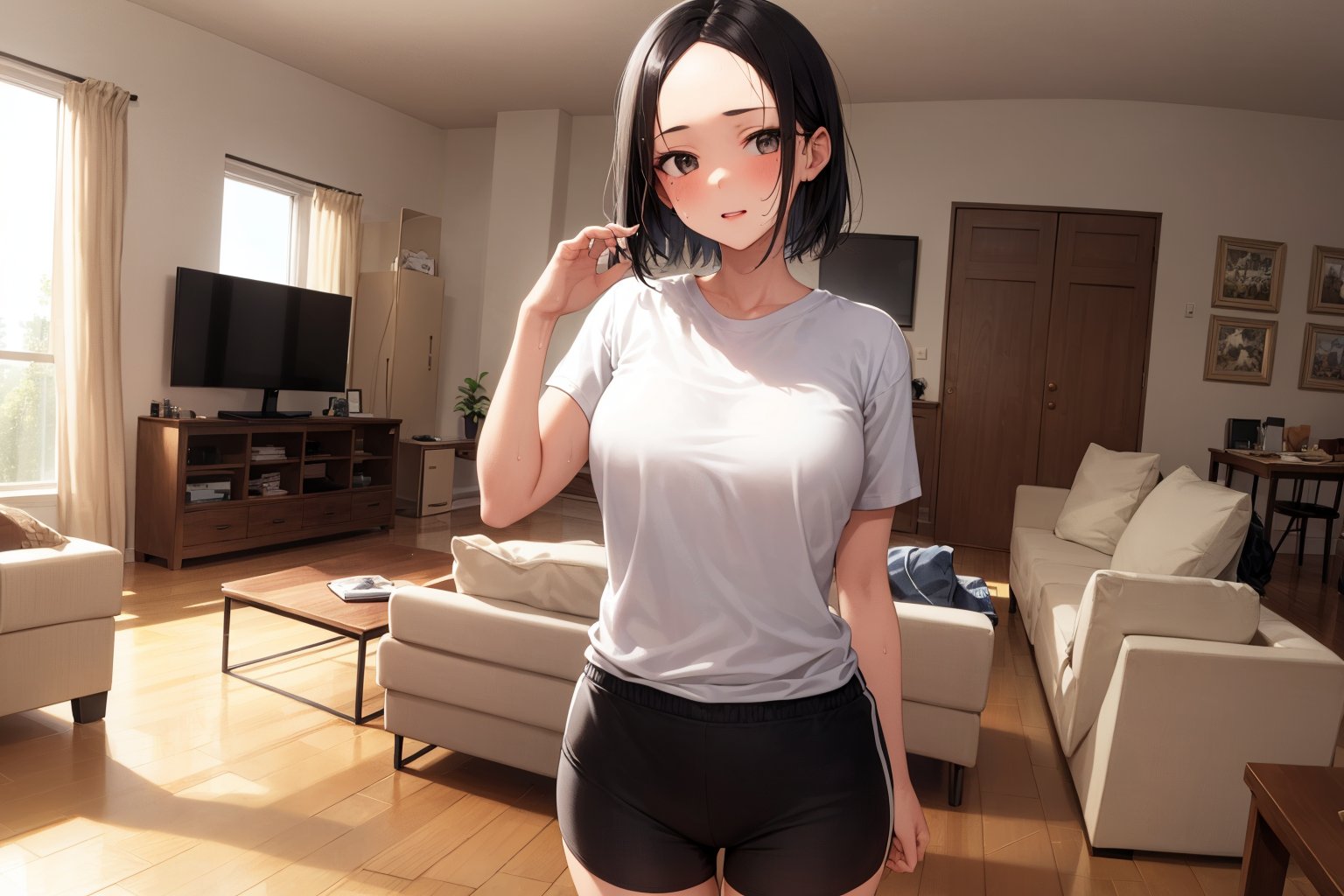 (masterpiece), best quality, 1girl, mature female, black hair, short hair, forehead, shirt, short sleeve, sweat shorts, standing, living room, wide shot