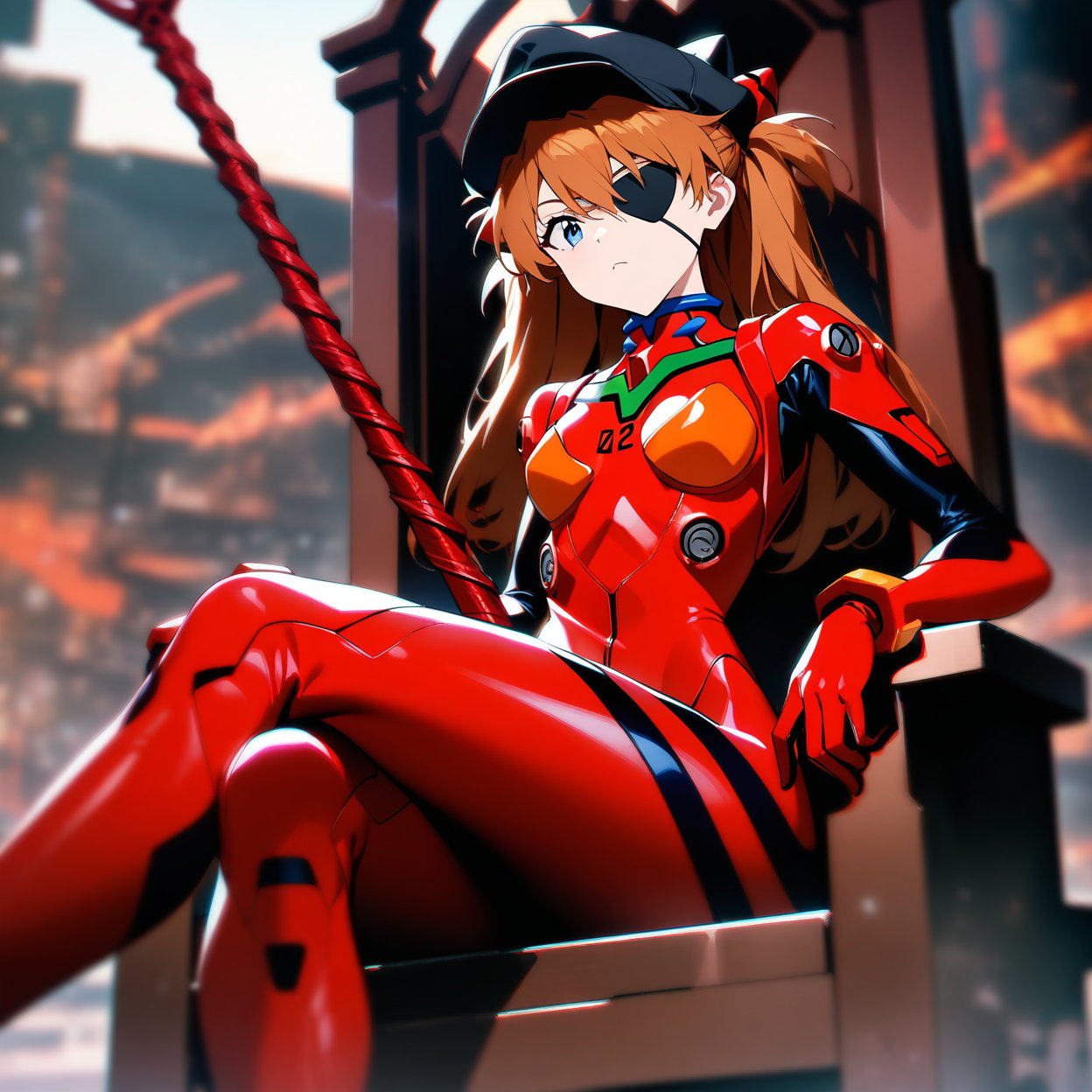 1girl, souryuu asuka langley, neon genesis evangelion, rebuild of evangelion, lance of longinus, cat hat, plugsuit, pilot suit, red bodysuit, sitting, crossed legs, black eye patch, throne, looking down, from bottom, looking at viewer, outdoors, masterpiece, best quality, very aesthetic, absurdres
