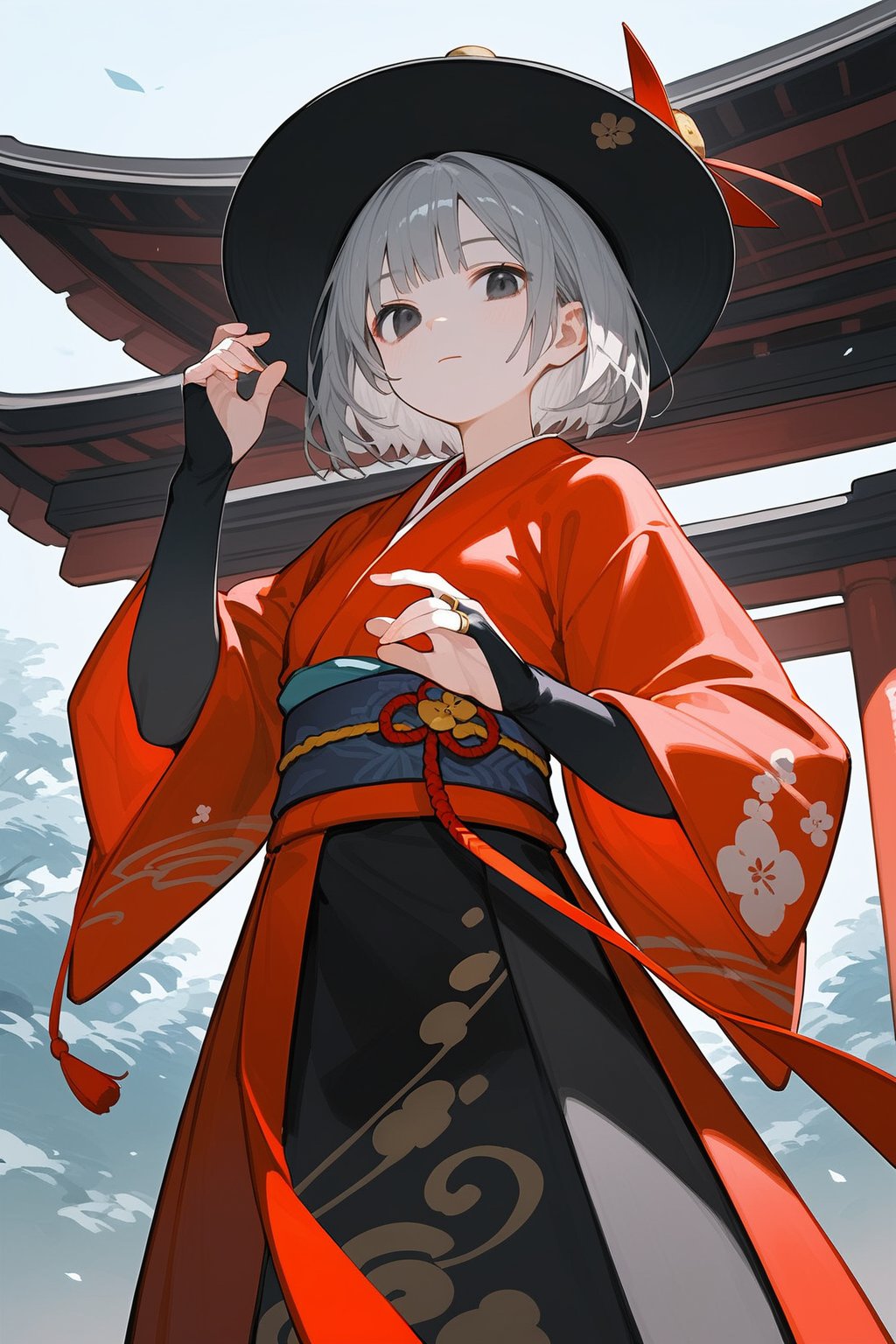 score_9, score_8_up, score_7_up, source_anime, rating_safe, 1girl, from below, standing, pale skin, short hair, grey hair, black eyes, bob cut, japanese clothes, kimono, red kimono, sash, long sleeves, wide sleeves, bridal gauntlets, hat, outdoors