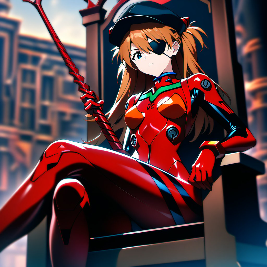 1girl, souryuu asuka langley, neon genesis evangelion, rebuild of evangelion, lance of longinus, cat hat, plugsuit, pilot suit, red bodysuit, sitting, crossed legs, black eye patch, throne, looking down, from bottom, looking at viewer, outdoors, masterpiece, best quality, very aesthetic, absurdres
