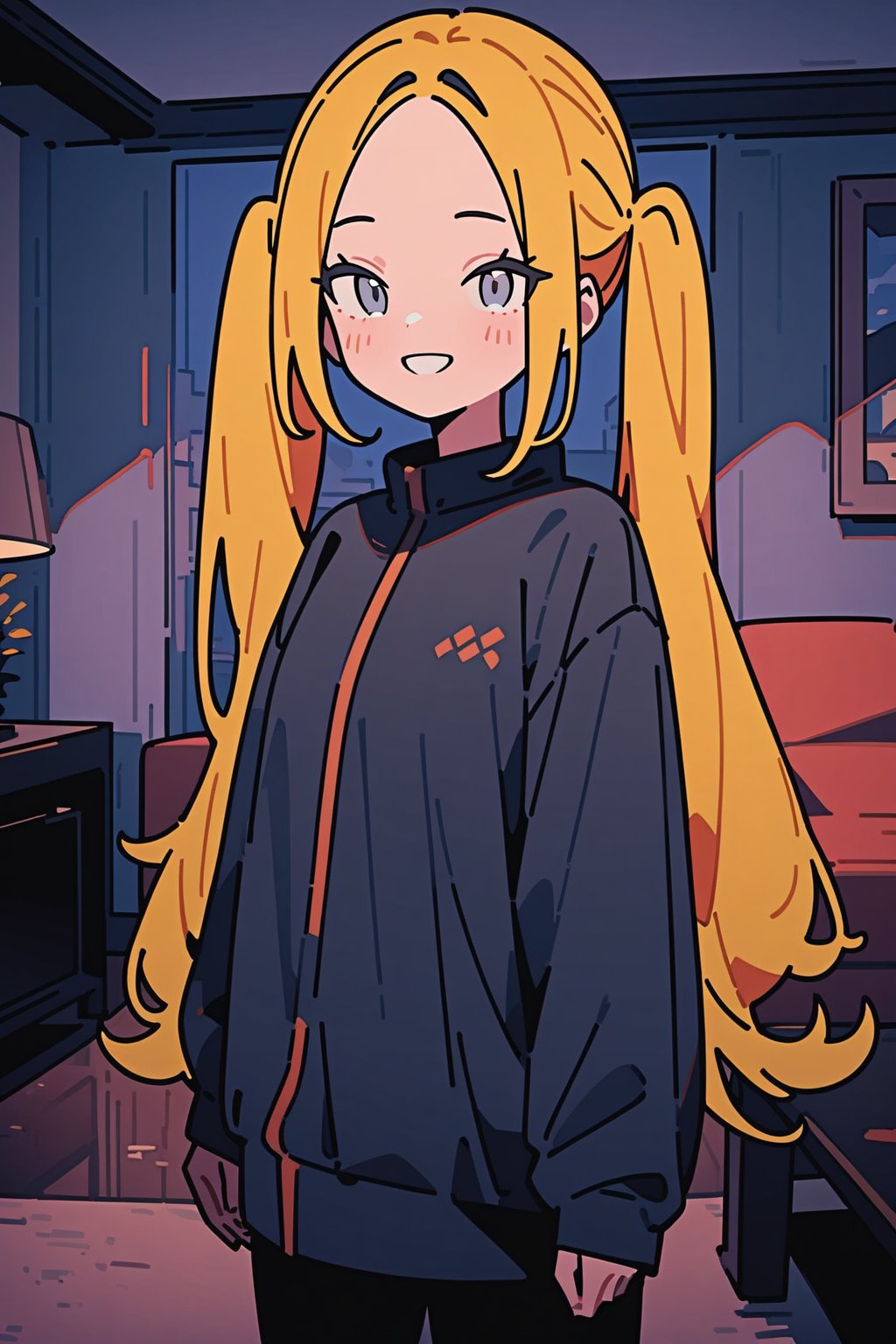 1girl, long hair, white eyes, smile, twintails, forehead, standing, living room, indoor, [fisheye lens:: 1], from front, [2D: 7], flat colors, masterpiece, best quality, absurdres, very aesthetic, newest, General
