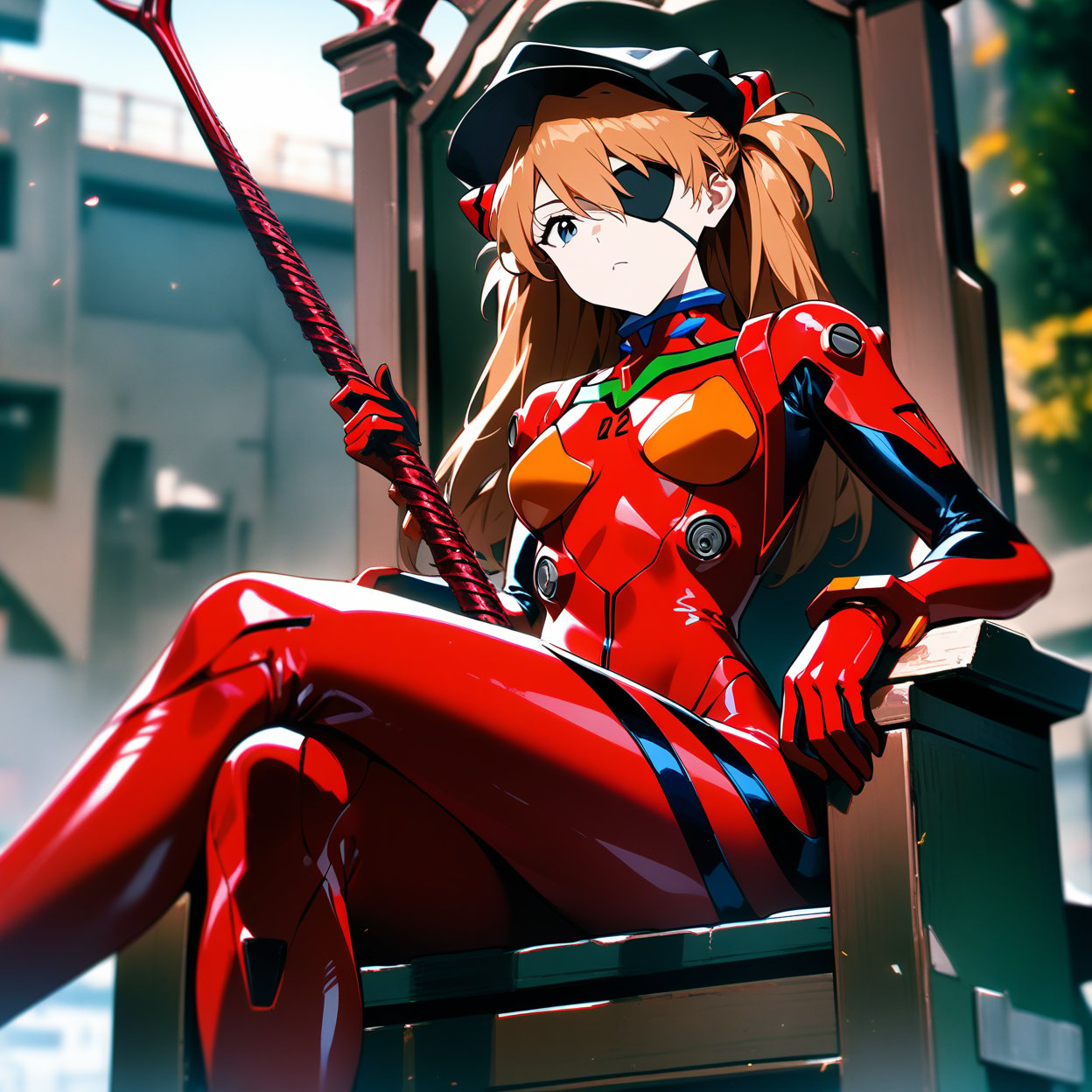 1girl, souryuu asuka langley, neon genesis evangelion, rebuild of evangelion, lance of longinus, cat hat, plugsuit, pilot suit, red bodysuit, sitting, crossed legs, black eye patch, throne, looking down, from bottom, looking at viewer, outdoors, masterpiece, best quality, very aesthetic, absurdres
