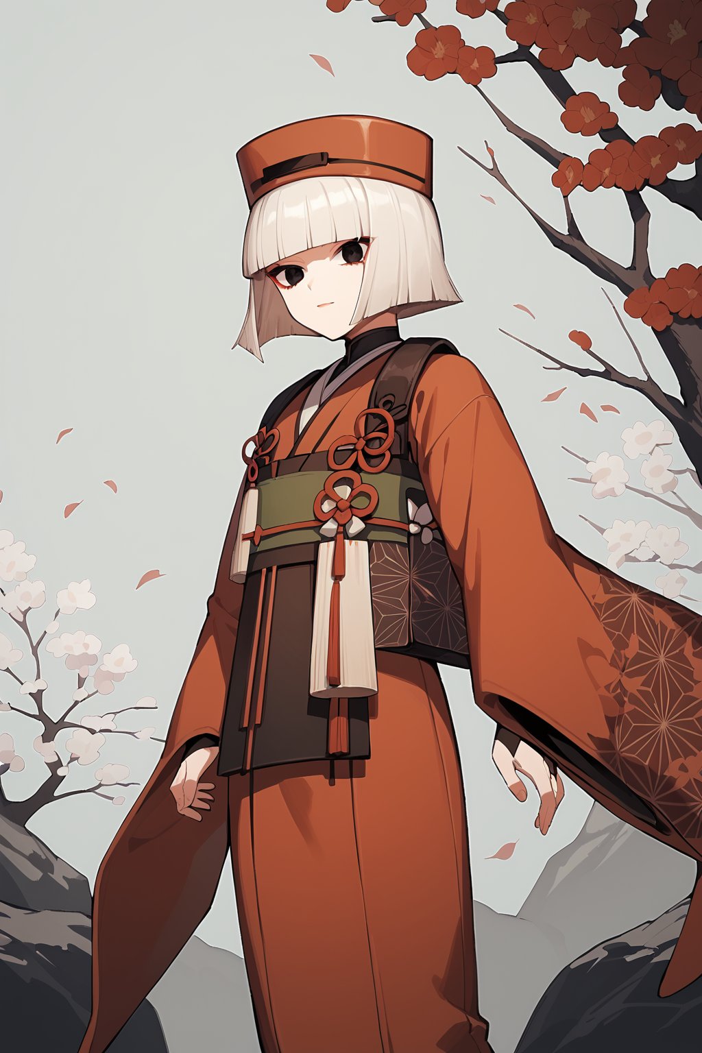 score_9, score_8_up, score_7_up,source_anime, year 2023, rating_safe, 1girl, from below, standing, pale skin, short hair, grey hair, black eyes, bob cut, japanese clothes, kimono, red kimono, sash, long sleeves, wide sleeves, bridal gauntlets, hat, outdoors