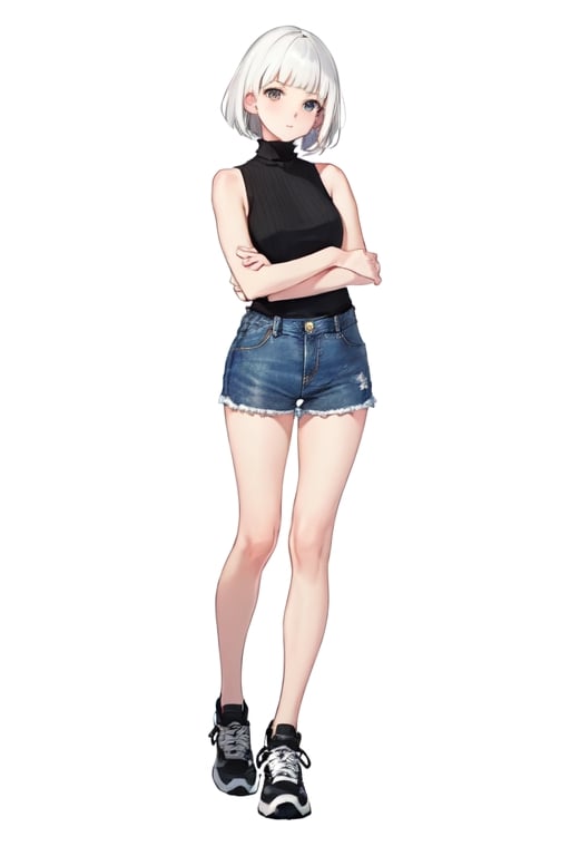 1girl, short hair, white hair, blunt bangs, [black shirt::15], turtleneck, sleeveless turtleneck, bare shoulders, outstreched arms, blue denim short, black sneaker, standing, white background, simple background, masterpiece, best quality, highres