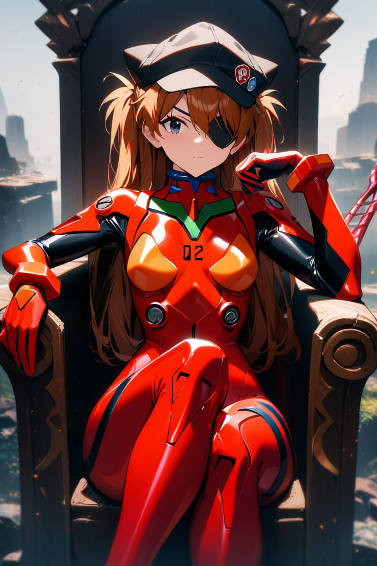 1girl, souryuu asuka langley, neon genesis evangelion, rebuild of evangelion, lance of longinus, cat hat, plugsuit, pilot suit, red bodysuit, sitting, crossed legs, black eye patch, throne, looking down, from bottom, looking at viewer, outdoors, masterpiece, best quality, very aesthetic, absurdres
