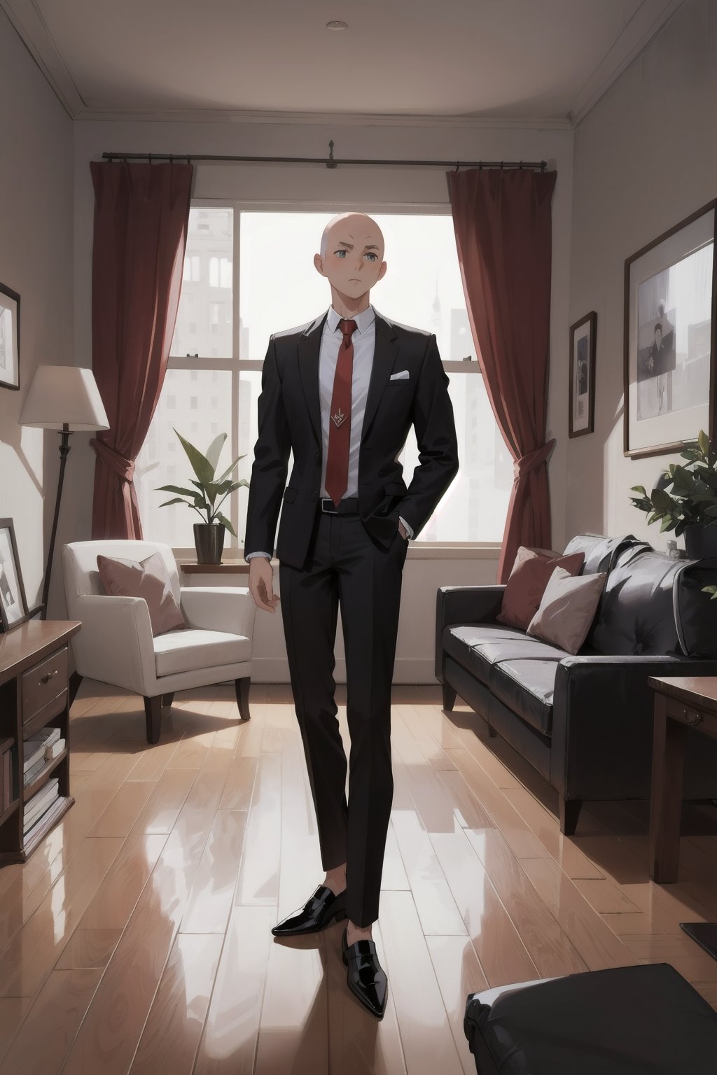 1boy, mature male, slim, bald, forehead, black jacket, red necktie, white shirt, black skinny pants, formal shoes, standing, living room, indoor, [fisheye lens:: 1], from front, [2D: 11], masterpiece, best quality, absurdres, very aesthetic