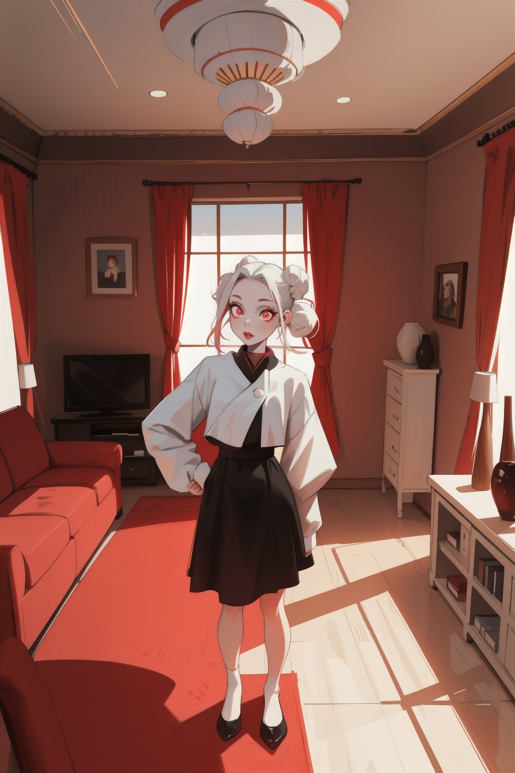 1girl, mature woman, white hair, double bun, forehead, red eyes, smile, standing, living room, indoor, [fisheye lens:: 1], from front, [2D: 11], masterpiece, best quality, absurdres, very aesthetic, newest, General,SAM YANG