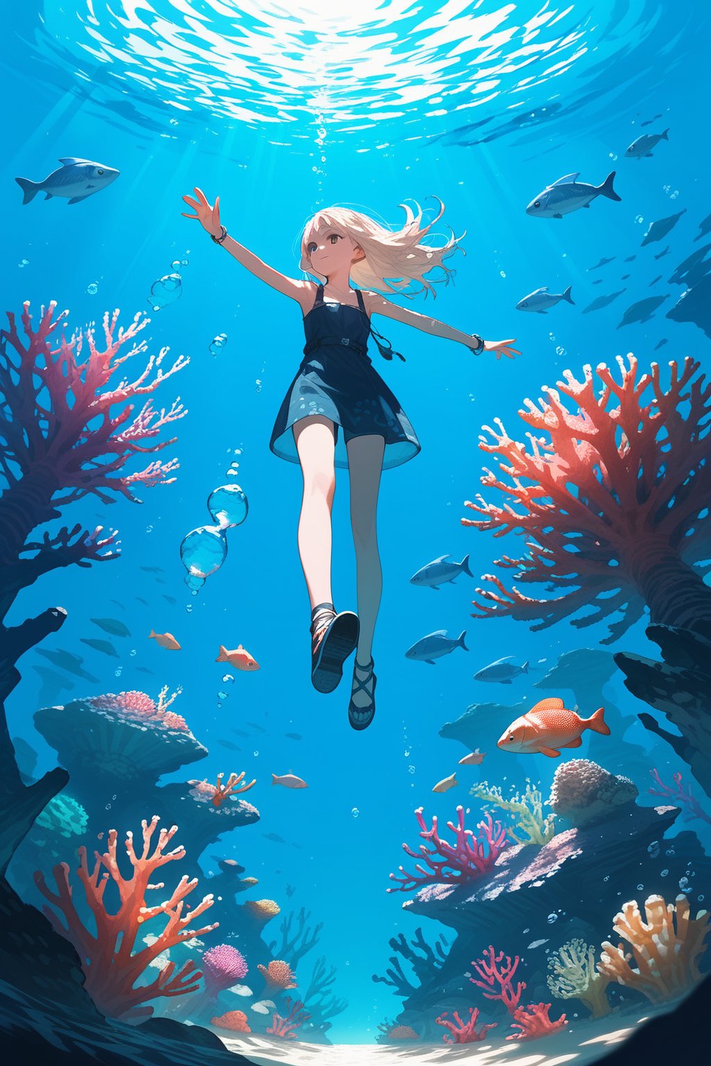 score_9, score_8_up, score_7_up, source_anime, rating_safe, 1girl, from below, swiming, outdoors, underwater, city, bioluminescent, coral reefs, glass domes