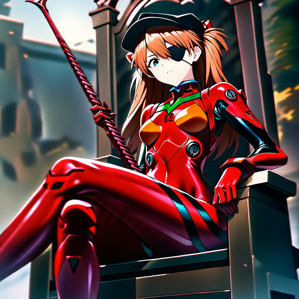 1girl, souryuu asuka langley, neon genesis evangelion, rebuild of evangelion, lance of longinus, cat hat, plugsuit, pilot suit, red bodysuit, sitting, crossed legs, black eye patch, throne, looking down, from bottom, looking at viewer, outdoors, masterpiece, best quality, very aesthetic, absurdres
