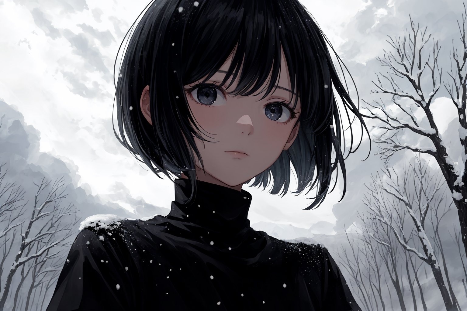 masterpiece, high quality, highres, 1girl, solo, slim, black hair, bobcut, bangs, black eyes, closed mouth, monochromatic clothing theme color, black shirt, short sleeves, turtleneck, headshot portrait, closeup, from front, standing up, outside, snowing, snow, snowforest, cold lighting, daytime, cloudy_sky, clouds, detailed bacground