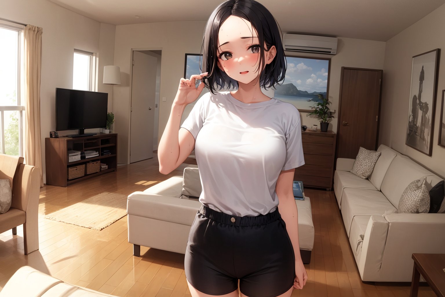 (masterpiece), best quality, 1girl, black hair, short hair, forehead, shirt, short sleeve, sweat shorts, standing, living room, wide shot