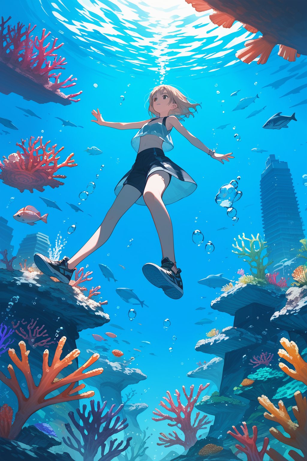 score_9, score_8_up, score_7_up, source_anime, rating_safe, 1girl, from below, swiming, outdoors, underwater, city, bioluminescent, coral reefs, glass domes