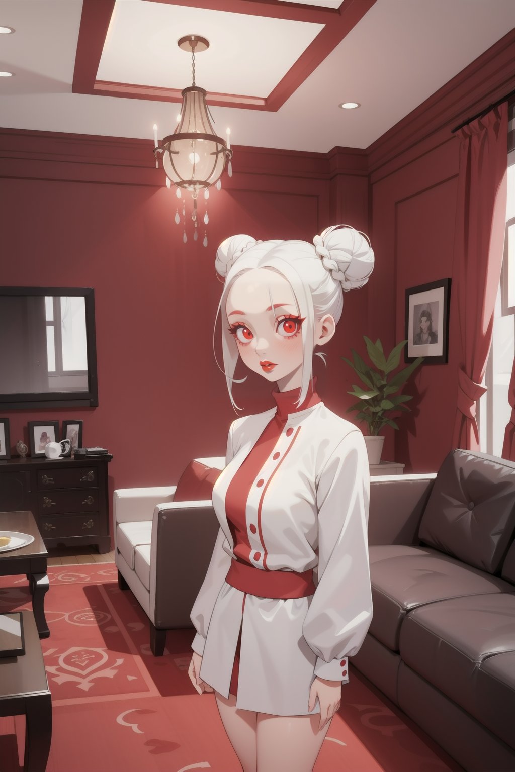 1girl, mature woman, white hair, double bun, forehead, red eyes, smile, standing, living room, indoor, [fisheye lens:: 1], from front, [3D: 11], masterpiece, best quality, absurdres, very aesthetic, newest, General