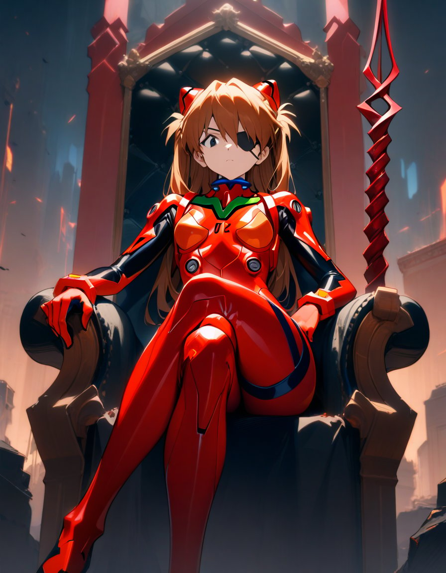 1girl, souryuu asuka langley, neon genesis evangelion, rebuild of evangelion, lance of longinus, cat hat, plugsuit, pilot suit, red bodysuit, sitting, crossed legs, black eye patch, throne, looking down, from bottom, looking at viewer, outdoors, masterpiece, best quality, very aesthetic, absurdres
