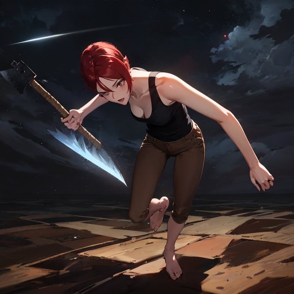 1girl, mature female, forehead, red hair, short hair, black tank top, brown pants, axe, motion, movement, outdoor, nature, night sky, dark, masterpiece, best quality, absurdres