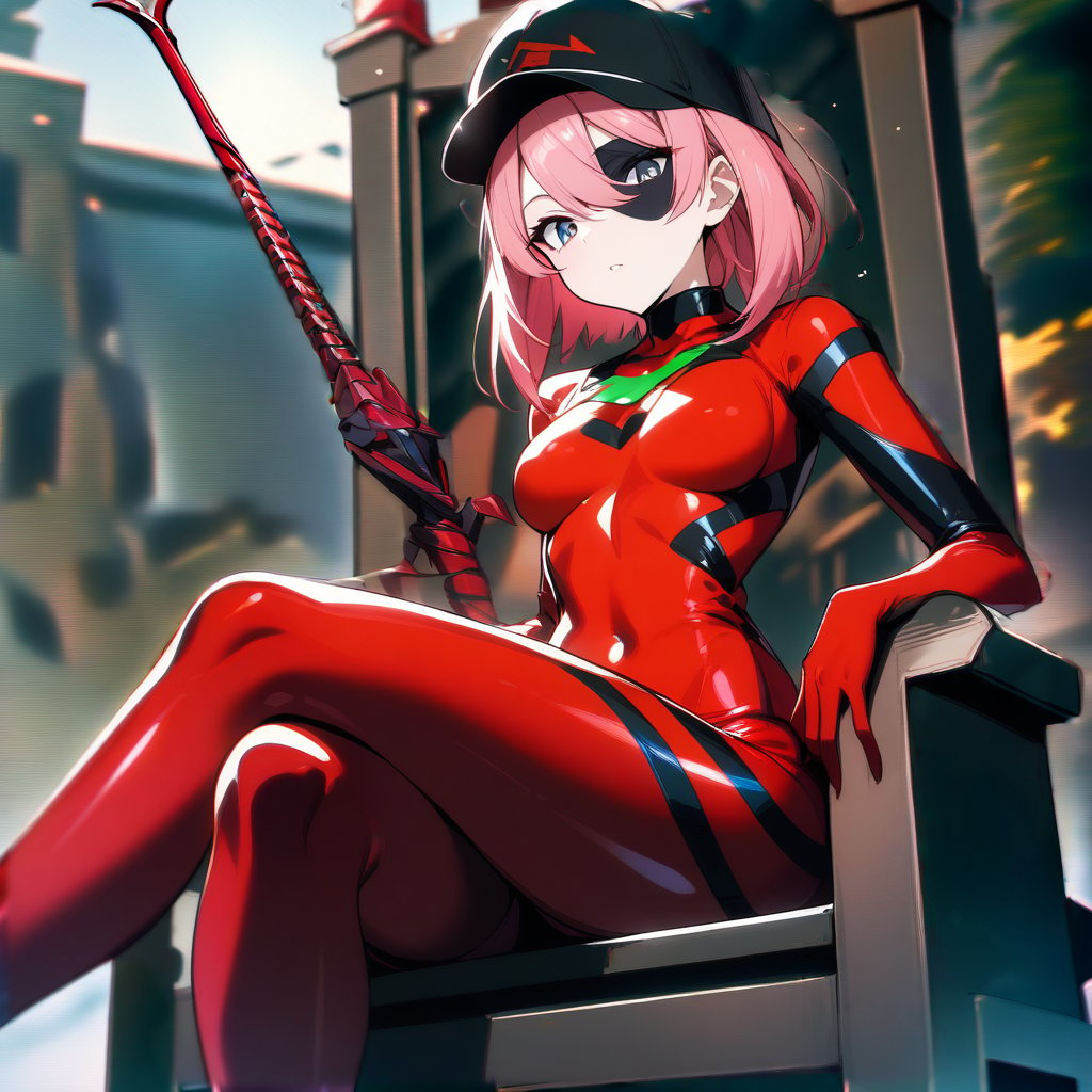 1girl, souryuu asuka langley, neon genesis evangelion, rebuild of evangelion, lance of longinus, cat hat, plugsuit, pilot suit, red bodysuit, sitting, crossed legs, black eye patch, throne, looking down, from bottom, looking at viewer, outdoors, masterpiece, best quality, very aesthetic, absurdres
