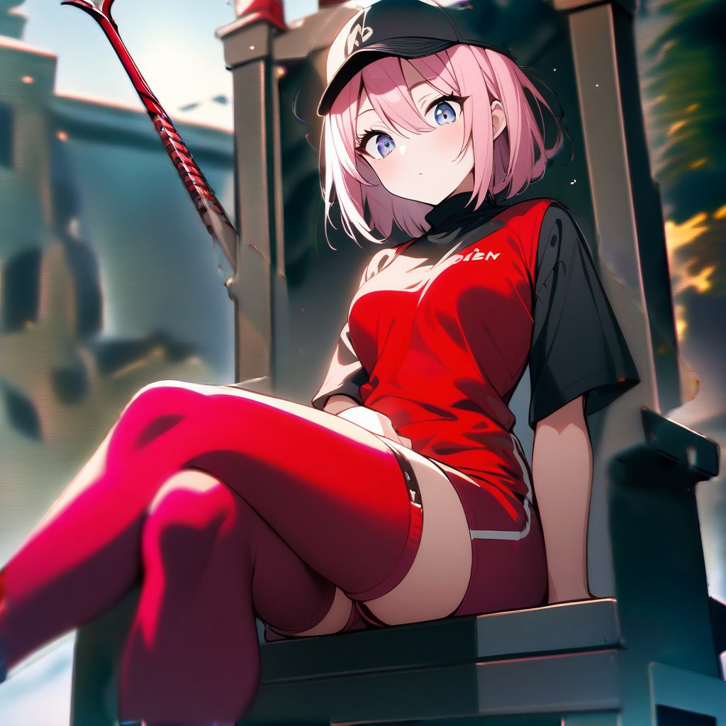 1girl, souryuu asuka langley, neon genesis evangelion, rebuild of evangelion, lance of longinus, cat hat, plugsuit, pilot suit, red bodysuit, sitting, crossed legs, black eye patch, throne, looking down, from bottom, looking at viewer, outdoors, masterpiece, best quality, very aesthetic, absurdres
