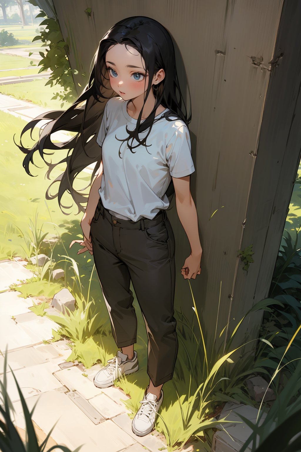 masterpiece, best quality, 1girl, solo, mature female, black hair, long hair, straight hair, forehead, brown eyes, shirt, short sleeve, pants, shoes, standing, outside, grass, girl