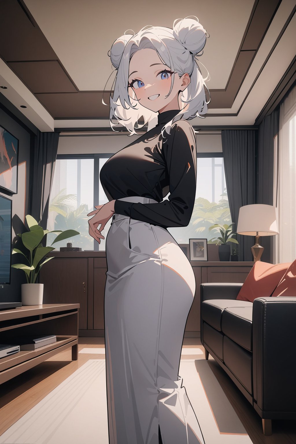 1girl, mature woman, white hair, double bun, forehead, smile, standing, living room, indoor, [fisheye lens:: 1], from front, [2D: 11], [flat colors: 17], masterpiece, best quality, absurdres, very aesthetic, newest, General